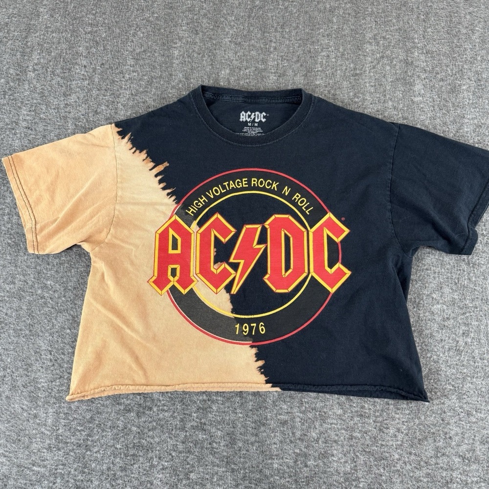 AC/DC T Shirt Mens Medium Cropped Bleach Dye Band Tee Black Rock